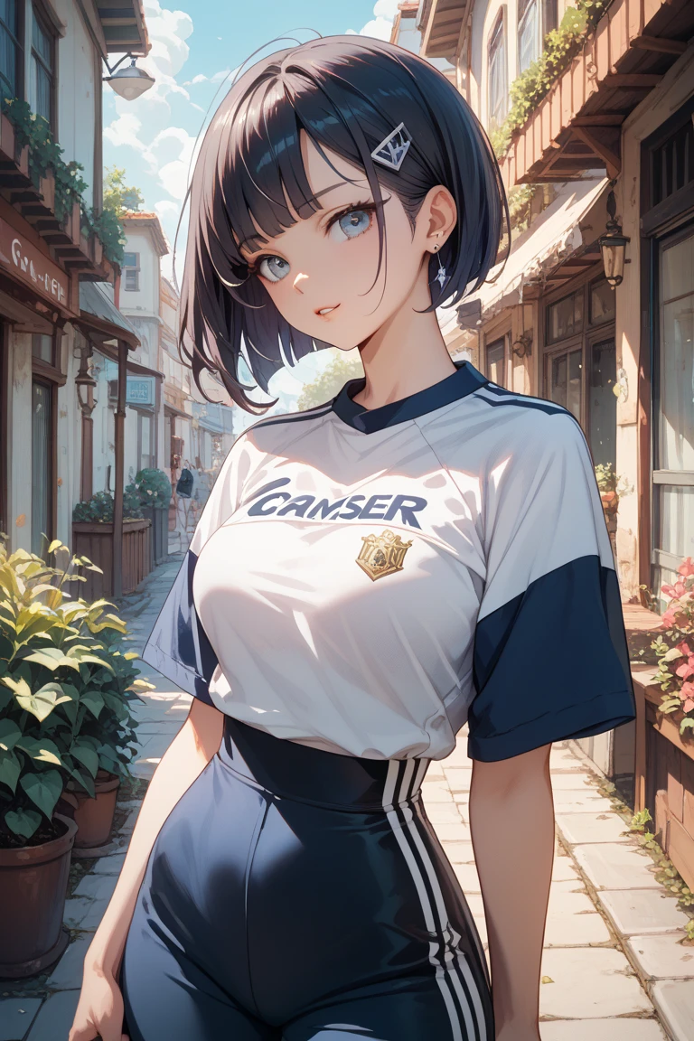 (highest resolution, distinct_image) The best quality, a woman, masterpiece, highly detailed, semi realistic, 21 years old, short hair, cute, young, beautiful, dark skin, sportswear, ponytail, backwards baseball cap, outdoors, (sweating), park, trees, sunny day, jogging, cowboy shot