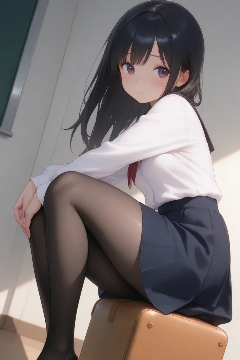 Top quality, masterpiece, High resolution, (Head to toe full body view), Front view from slightly below, symmetrical composition, Composition with accurate balance throughout the body、18 years old, slim and beautiful girl, alone, (Small breasts), (No shoes),Messy Hair, bangs, (black tights), (Black Pantyhose), (Sitting on the floor with legs apart), (A pose in which the legs are spread apart on the bed), tied up with both arms hidden behind the back, (Composition showing white panties), (her legs spread、I see white panties.), (Open mouth with a pained expression), blush, Shy big eyes, Looking at the camera, Blazer uniform, Checkered Pleated Skirt