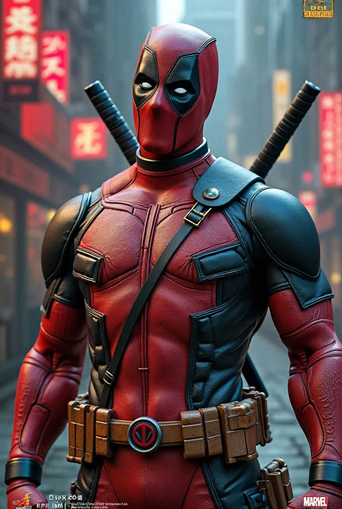 deadpool,mortal kombat,new character,hyper detailed,photorealistic,cinematic lighting,highly detailed facial features,intricate costume design,dramatic action pose,neon color palette,gritty and violent aesthetics,dynamic camera angle,masterpiece,best quality,8k,ultra-detailed,realistic,photo-realistic,physically-based rendering