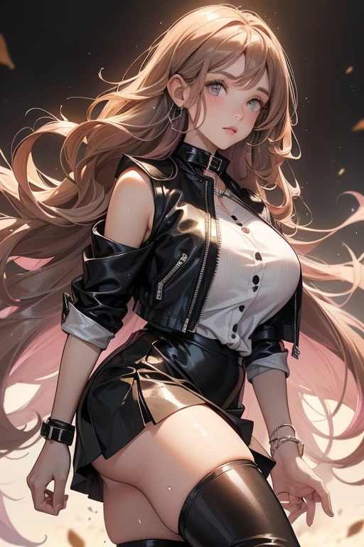 (best quality:1.5, highres, UHD, 4K, detailed lighting, shaders), best quality eyes, perfect hands, perfect finger brown floral haired, gradient hair, big breasts, brown bra, big thighs, big butt, brown jacket , brown long pants, mature woman , (pov), black background, colorful eyeshadow, dramatic lighting, sparkling eyes, sensual expression, golden earrings, flowing hair, delicate facial features, dark skin, high cheekbones, urban setting, black background, dont look for the camera, lean forward, behind the camera