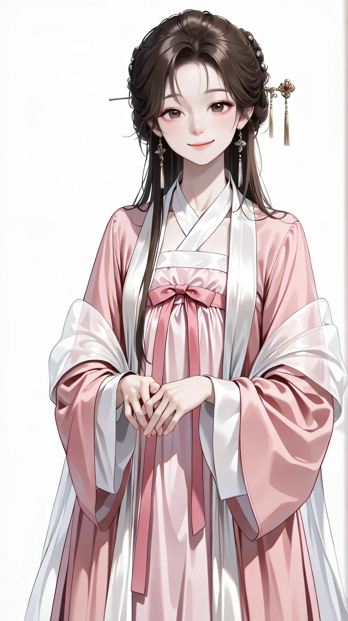 very aesthetic, 걸작, 고해상도, 8k 해상도, high contrast, semrealistic, newest, koreanai, best_quality, finely_detailed_eyes_and_detailed_face, (1 girl), brown_eyes, brown_hair, long_hair, chill out, cute, (updo_hair, slicked_side), ruanyi0758,hanfu,pink dress,see-through,shawl,wide sleeves,jewelry, hairpin, looking at viewer, front_view, cowboy_shot, (white_background), (cute:1.4), (short_height:1.4), (smile:1.4)