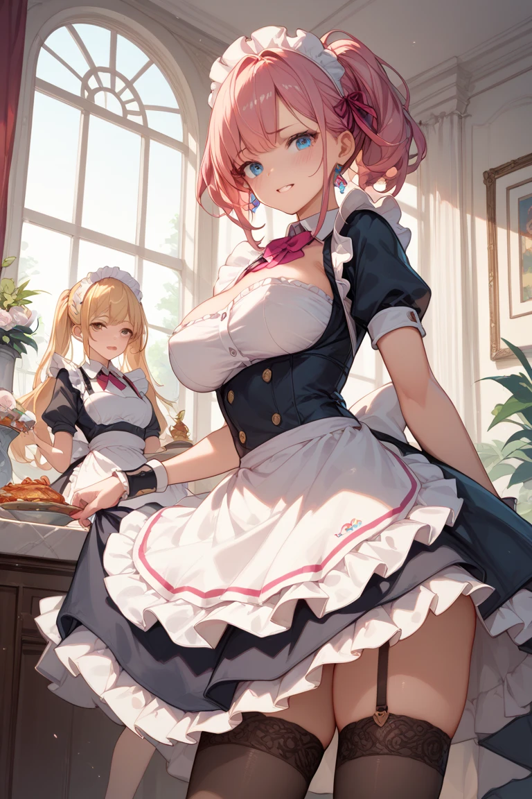 ((1 girls), solo, clevage, Big round breasts, trendy, stylish, clevage, thighs, hips, realistic, pink hair, blonde hair, light green eyes, lip gloss, detailed face, amazing big eyes, eye details, big lips, eyebrow details, blush, smirk, naughty, mischevious face, HD, good quality, kitchen, breakfast, apron, 
