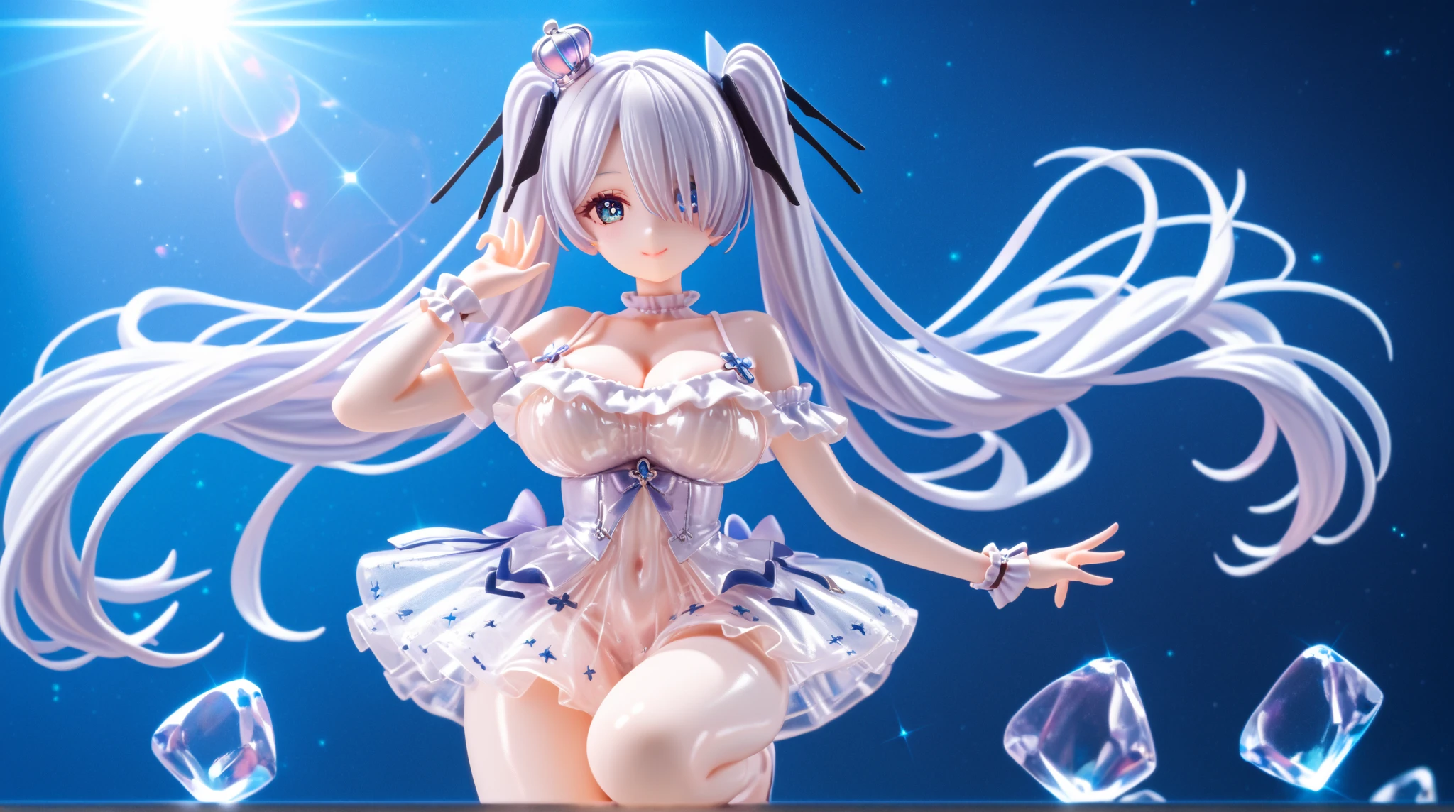 1girl,white hair,((twin tail, lightbule hair highlight)),orange eye, white sporys bra,white strapless dress, full body, chibi, [realistic], [3d], (3dcg), ((octane render)), smile, closed mouth, (8k, RAW photo, best quality, masterpiece:1.2), ultra high res, (((realistic, photo-realistic))), professional lighting, detailed lighting, professional photography, f dynamic angle, high quality, high res, extremely detailed, bloom,depth of field, sketch, sharp focus, soft lighting, good composition, god light highlight, detailed, (((photorealistic details))), detailed skin, to8contrast style