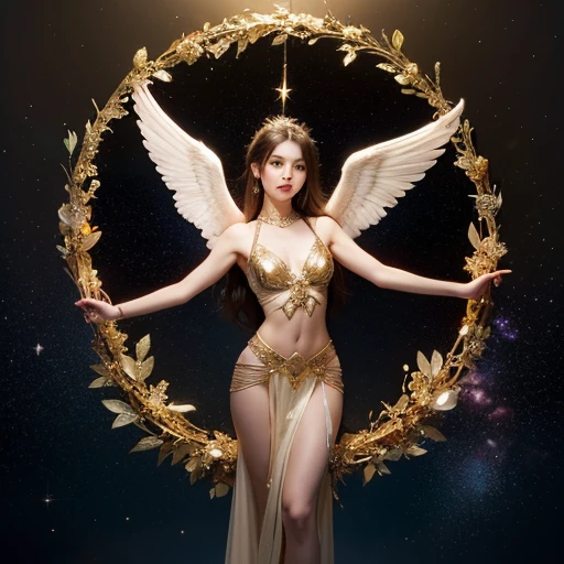 (masterpiece), (best quality:1.4), absurdities, [:intricate details:0.2], angel, milky ways, heaven, shimmering aura, intense focus, sizzling energy, mysterious symbols, shimmering motifs,