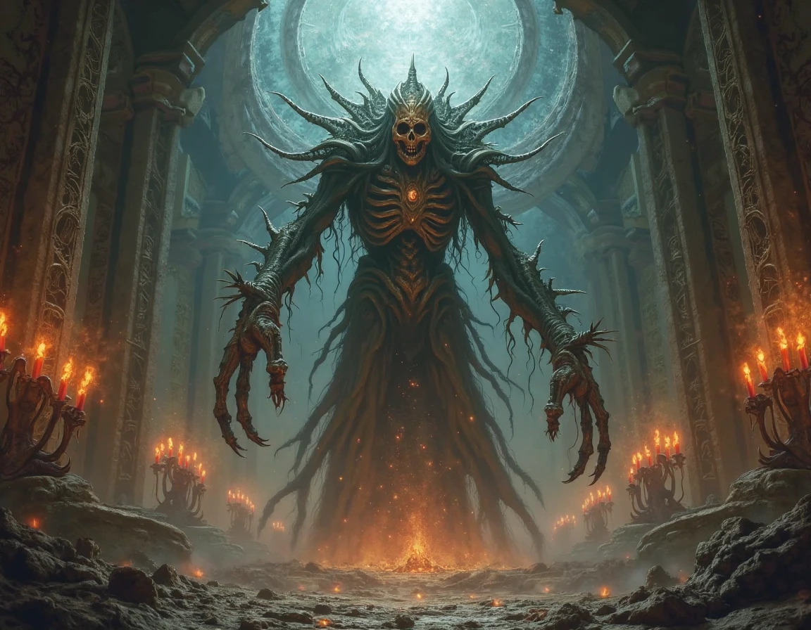 (futuristic poster) Medieval art necronomicon monster