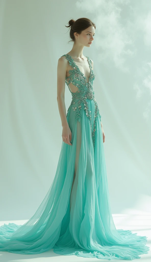 Alafed woman in thin light green dress standing on the beach, Flowing gown, fantasy long intricate gown, A flowing dress, ethereal beauty, sexy gown, dressed beautiful gown, jaw-dropping beauty, Flowing light green dress, full pose, Beautiful Gowns, jen zee, jaw dropping beauty, wearing flowing dress, stunning elegant, Full length view, Light green gown, translucent  dress