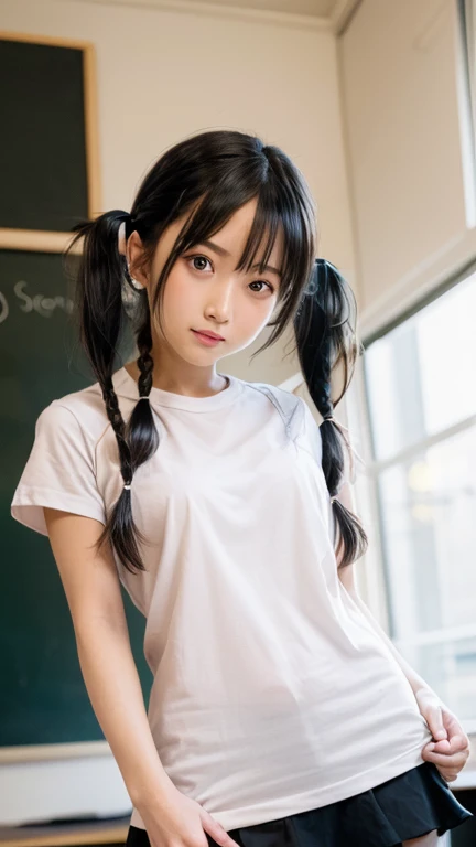 cute, girls, elementary school students, 13 years old, black hair, twin tails, smile, naked, blush, medium bust, shiny skin