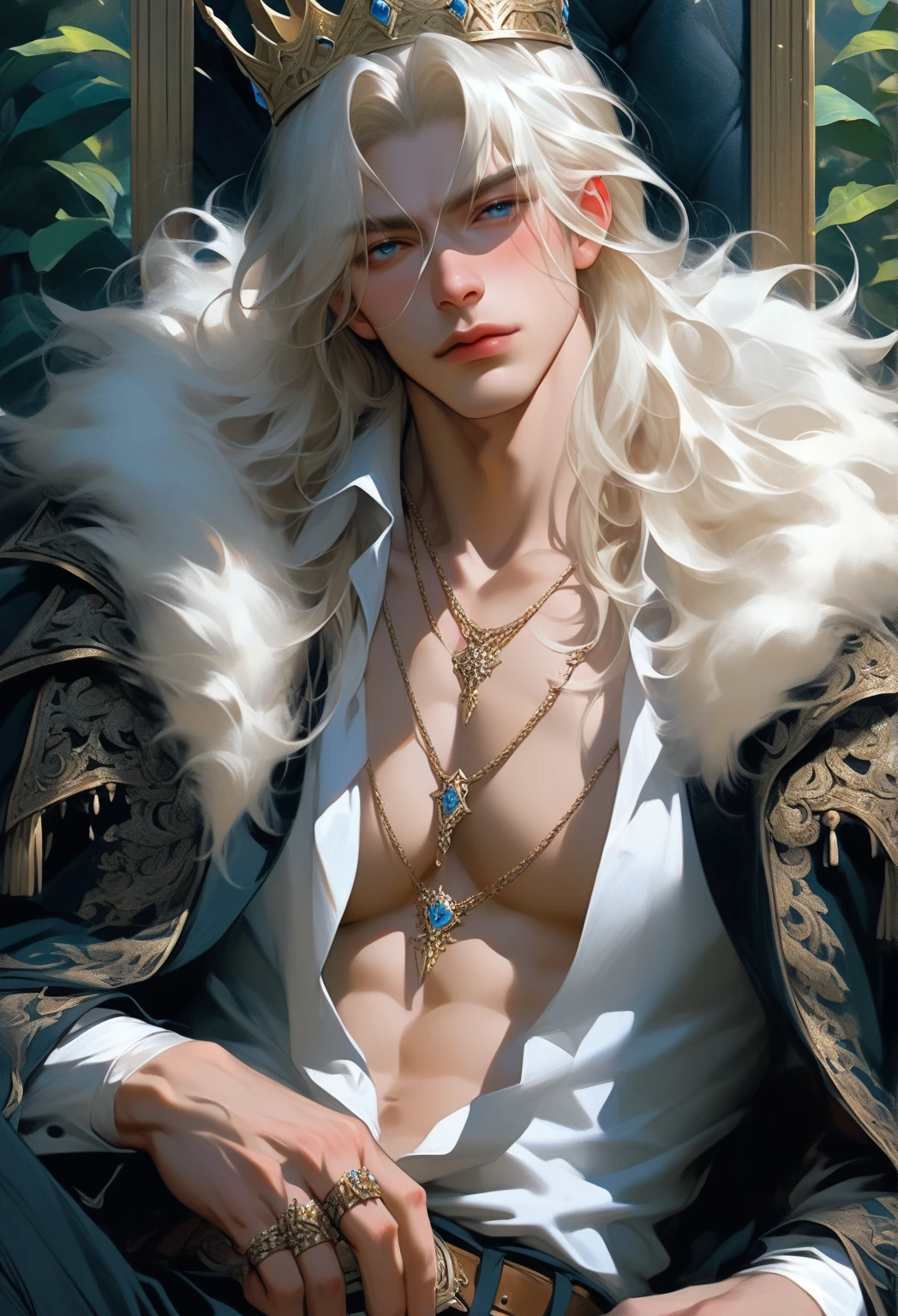 masterpiece, highest quality, (solo focus), (perfect face:1.1), (high detail:1.1),dramatic, 1guy, (pale skin), long white hair, white eyes, [light eyebrows], solo, long hair, moon, night, white luxury suit, covered navel, pouty lips, (beauty marks),  palace, detailed background, art by artgerm and greg rutkowski,  cinematic lighting, roses, suggestive