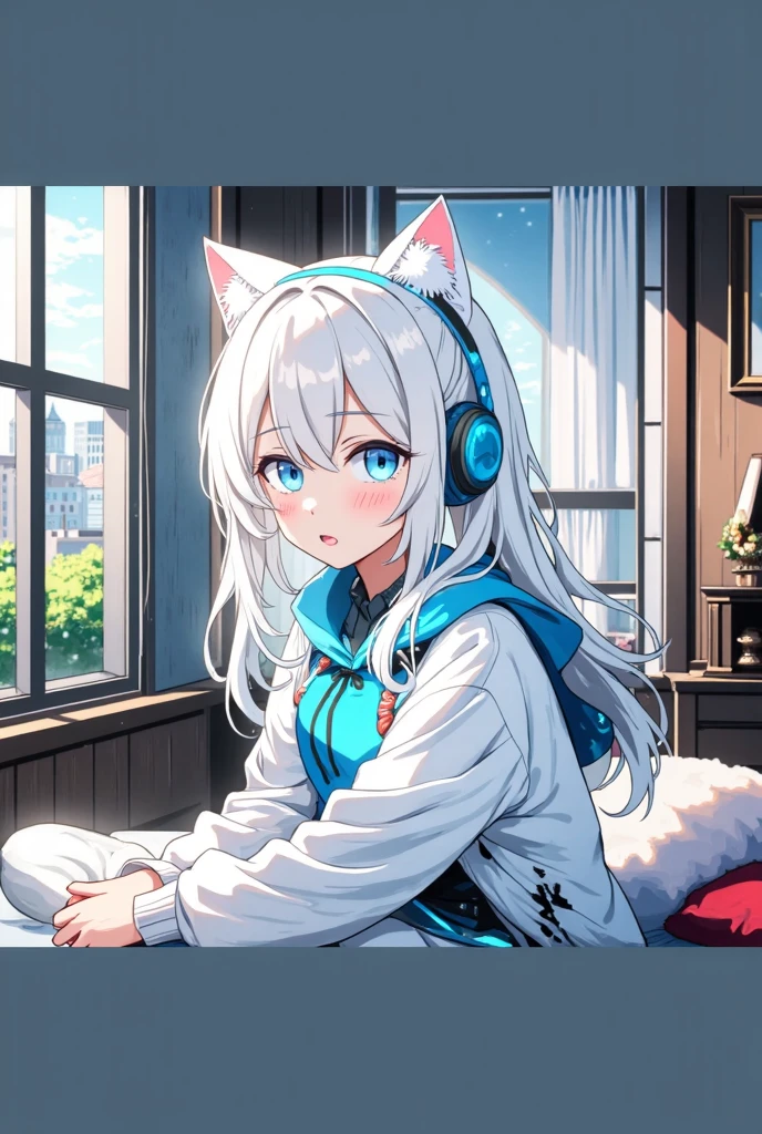 ((Best Quality)), ((Masterpiece)), (Detailed), Perfect Face, Very Detailed, Masterpiece, Best Quality, Official Art, Extremely Detailed CG Unified 8k Wallpaper, Dynamic Eyes, Full Body Portrait , (((having  with a man))), lying on a bed, shy, (((M shape spread leg))), steam comes out from mouth, heart-symbolled eyes, trendy style, long silver-gray hair, shoulder-length hair, a futuristic blue halo on her head, future Wind clothing, with a mechanical feel, ((dark blue skirt with bright blue lace)), ((black jacket with blue stripes)), JK short skirt, ((cat ear headphones on the head)), ((watery eyes))