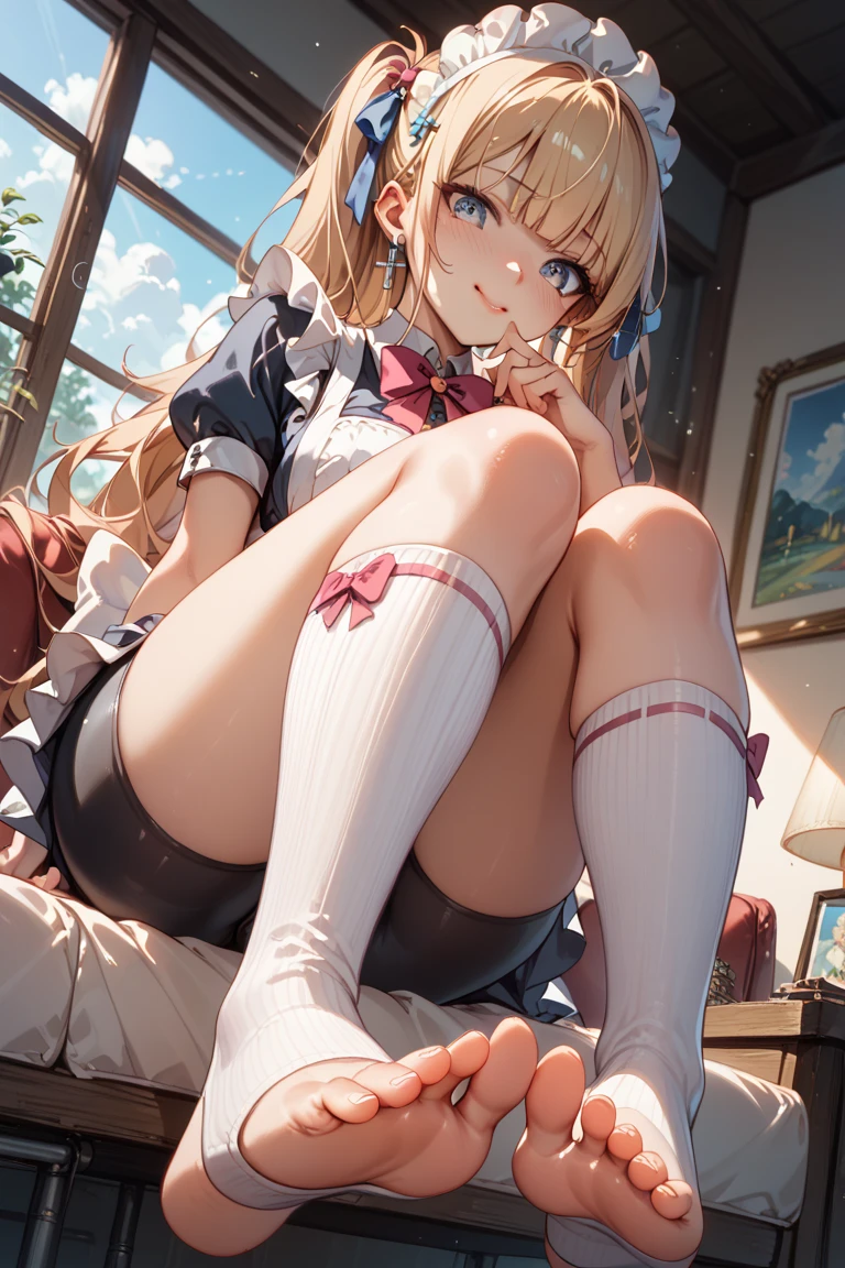 (Tabletop), Highest quality ultra-detailed CG art, high school girl, White panties:1.2, Embarrassed look, Bright Blue Eyes, Hair shining with ultraviolet rays。(narrow-focus shot), The background is stationary.、、There is a striking motif in deep blue.。 Body Type、Blonde Hair、Meticulous feet、Beautifully aligned fingers