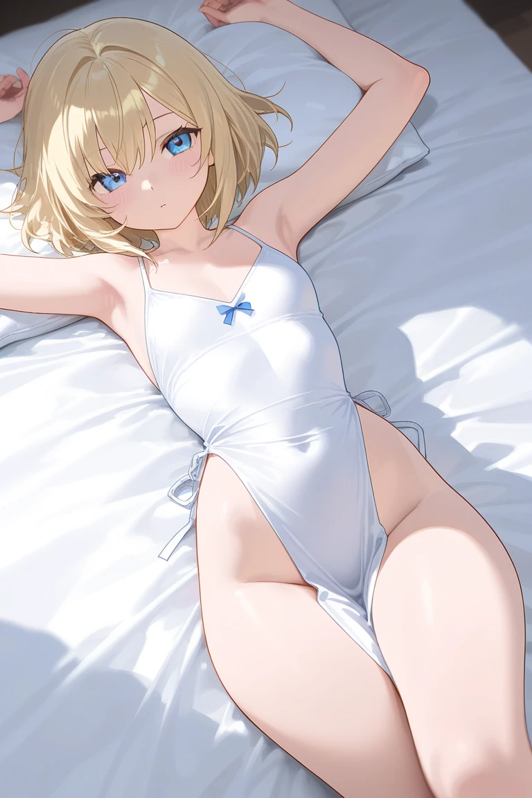 (masterpiece), (highest quality), Super detailed, perfect face, perfect body, 1 boy, beautiful boy、flat chest、man's body、man's chest、blonde short hair、wavy hair、blue eyes、purple leotard、High leg、腰からwhiteいフリルの付いたleotard、stand,sexy, white pantyhose、man's body