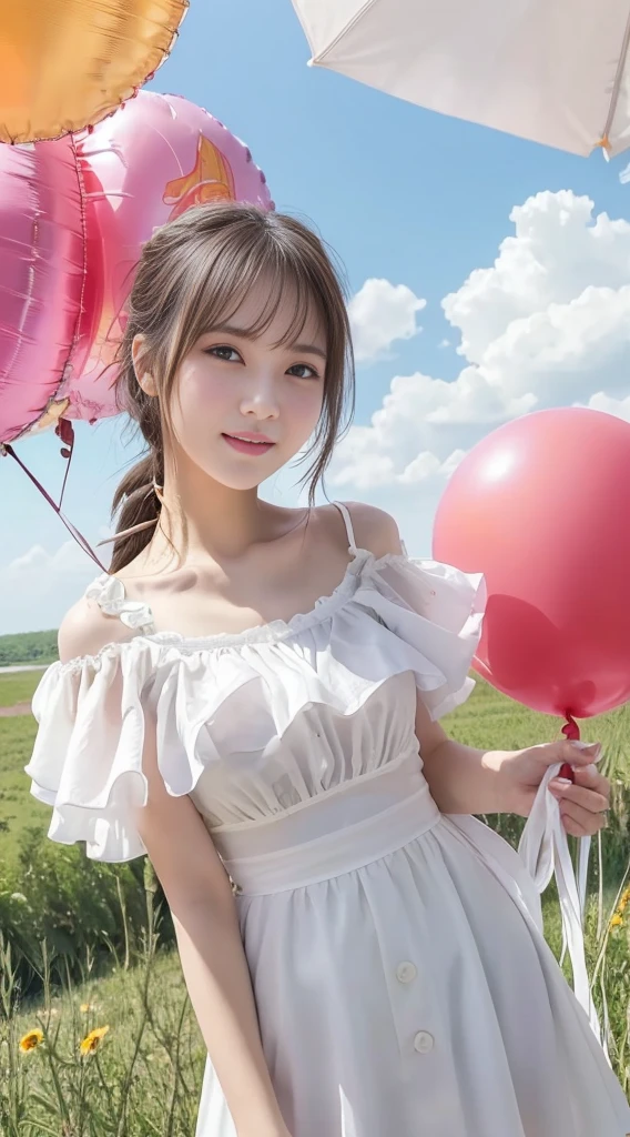 A 12-year-old girl holds flowers，There are colorful balloons floating in the sky，grassy fields,Dance,Holding flowers，cabelos preto e longos，cheerfulness，Rejoice，Perfect quality，Clear focus（Clutter - home：0.8）， （tmasterpiece：1.2） （realisticlying：1.2） （Bokeh） （best qualtiy） （detailedskin：1.3） （complexdetails） （8K） （detailedeyes） （Sharp focus）,（having fun）closeup cleavage