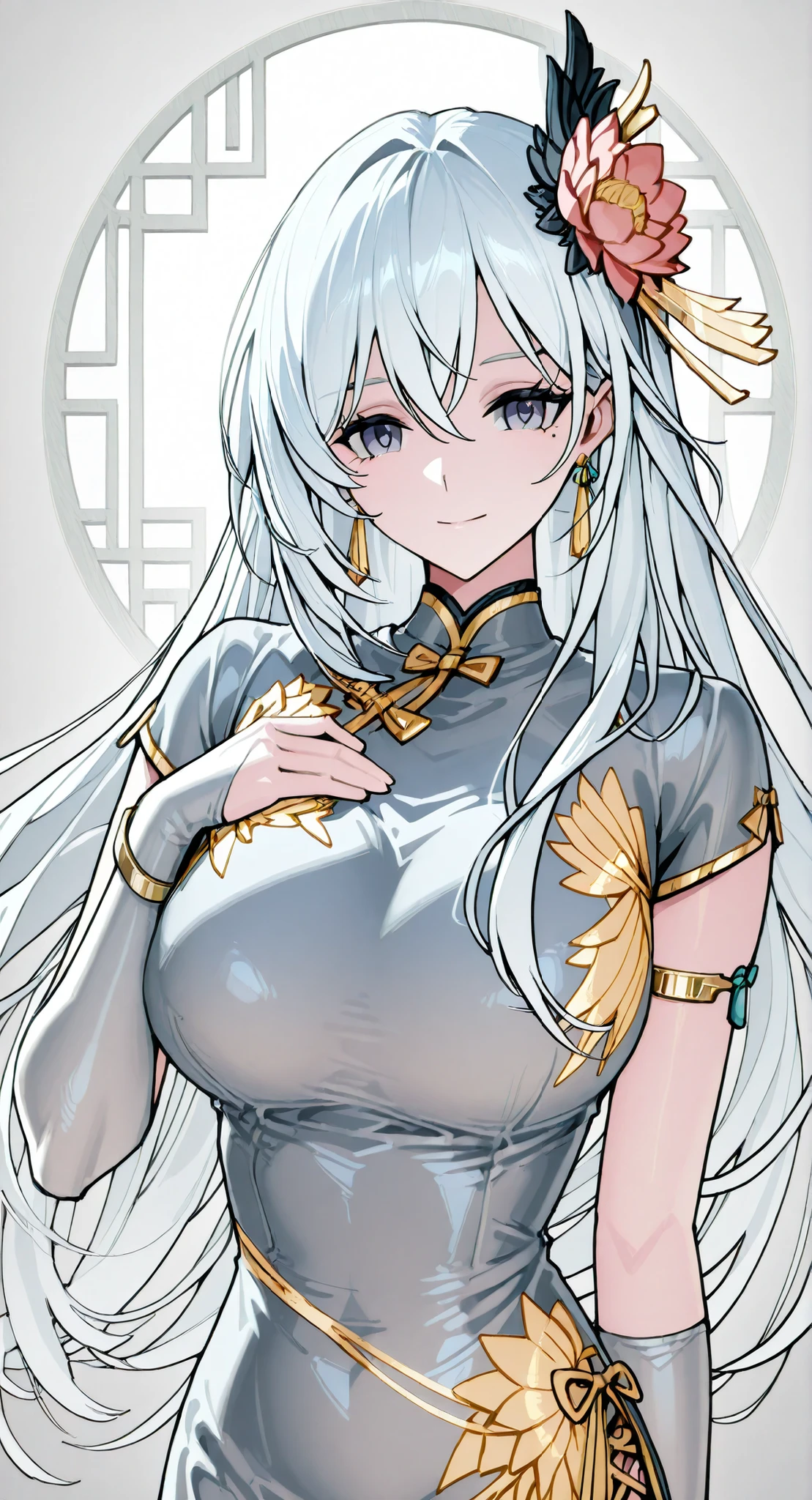 mole under eye、Armlet for left arm、bracelet for right wrist、China Dress,anime girl Picture of a woman with long white hair and a flower in her hair, gray hairの deity, Anime Goddess, gray hairの, gray hairの lady, gray hair, Zodiac knight portrait girl, Haise Jinyao, Genshin、Keking,  Full Body Senxia , Female Anime Characters Who Collect Their Boob With Both Hers, Picture of a woman with long white hair, perfect gray hairの girl,Big, well-shaped breasts,thin waist,mole under eye,Long Gloves,earring