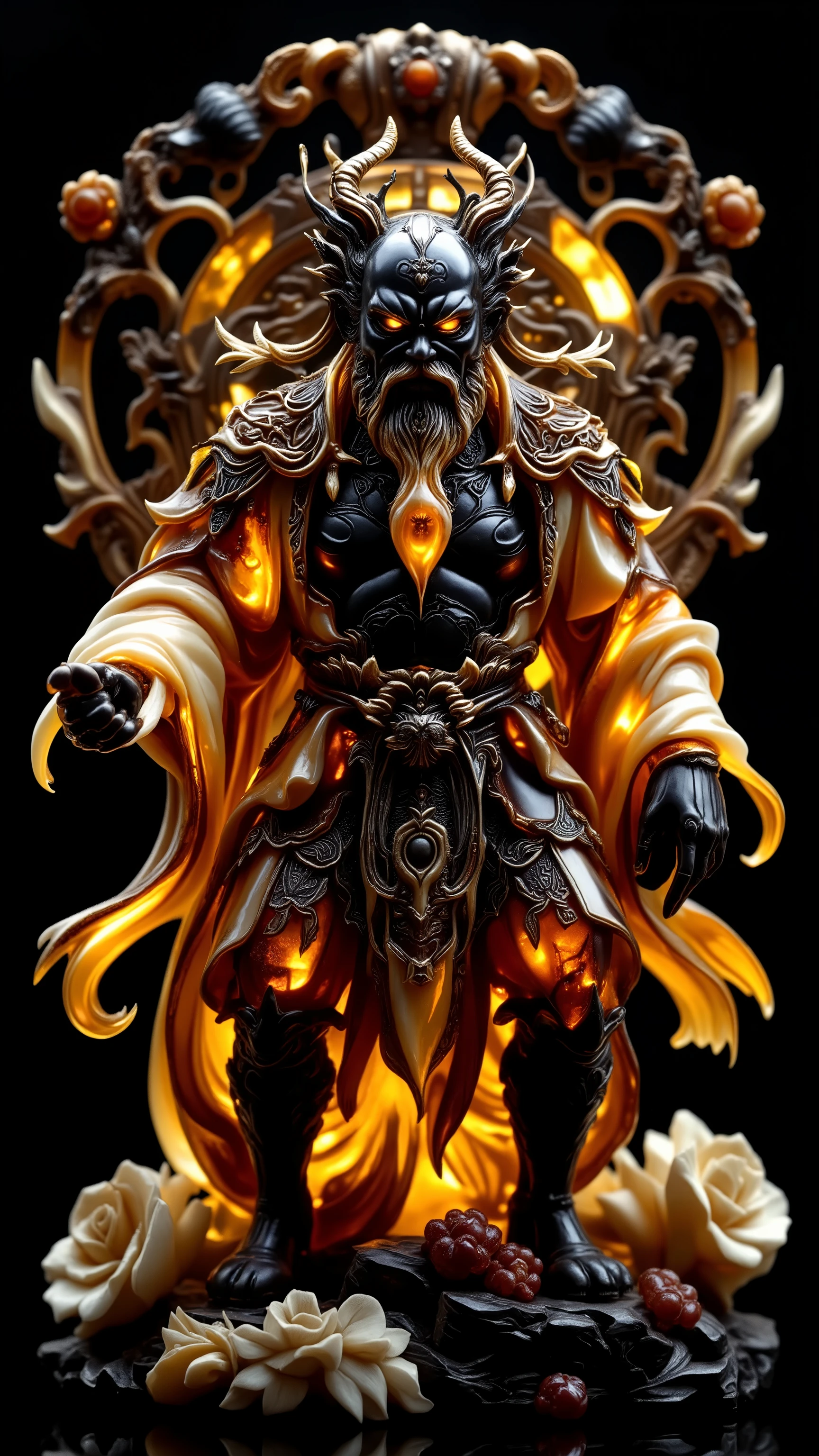 Amber, ivory, and ebony netsuke statuette depicting the Good God of Evil Deeds,central symmetry, hyperrealistic details with 32k resolution, centered composition adhering to symmetry, intricate designs illuminated by volumetric lighting, rich deep color palette, ultra-sharp focus, artistic influences of Dan Mumford and Marc Simonetti, with an astrophotography backdrop, dramatic lighting, ultra-detailed, breathtaking surreal masterpiece. High Resolution, High Quality, Masterpiece.best quality, masterpiece, super detail