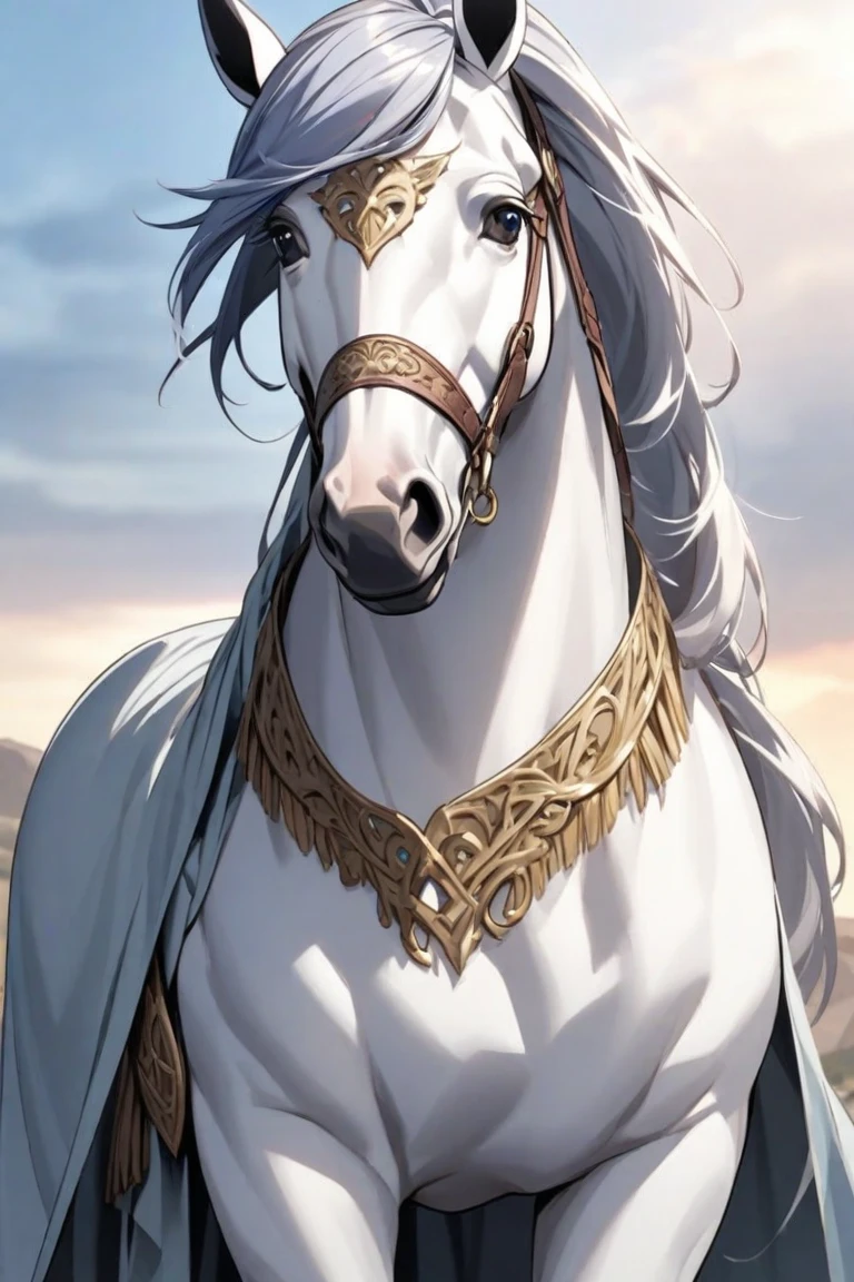 (((Cartoon Character 1.3))),(((A white horse:1.4))),He wears a big gold medal around his neck,Wears a spotted vest on the top,Denim shorts on the bottom,Long white hair that floated up,Naughty expression,HD Real,Black eyes,Flying figure,HD picture,Sony SLR lens,Shoot at medium distance,Soft lighting,tmasterpiece