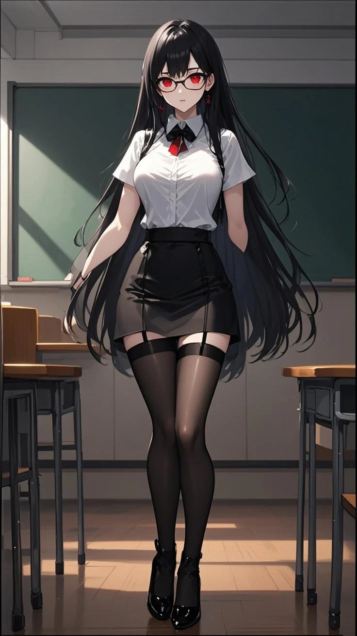 in a dark room with columns and lights behind her,
Standing, at attention,
wearing skirt, shirt, school uniform, white shirt, short sleeves, pantyhose, pleated skirt, collared shirt, blue skirt, black pantyhose, red necktie, jacket,brown jacket,
aayorf, sidelocks, gold hairband, hair ornament, red eyes, gold earring,
1 girl, 20yo,mature female,Beautiful Finger,Beautiful long legs,Beautiful body,Beautiful Nose,Beautiful character design, perfect eyes, perfect face,
looking at viewer, 
NSFW,official art,extremely detailed CG unity 8k wallpaper, perfect lighting,Colorful, Bright_Front_face_Lighting,
(masterpiece:1.0),(best_quality:1.0), ultra high res,4K,ultra-detailed,
photography, 8K, HDR, highres, absurdres:1.2, Kodak portra 400, film grain, blurry background, bokeh:1.2, lens flare, (vibrant_color:1.2) 
(Beautiful,medium_Breasts:1.4), (beautiful_face:1.5),(narrow_waist),(perfect hands, perfect anatomy),