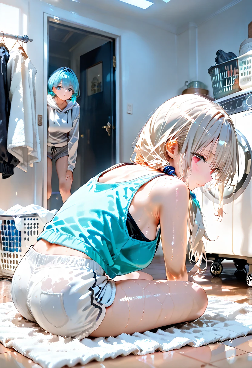 top-quality、Top image quality、((Hands are tied with ropes))、Stuck、A Japanese Lady、12year old、Wearing a transparent nightgown、No underwear、The whole body is wet with lotion、the shape of the protrudes、embarassed face、Sexual facial expressions、((the whole body is wet))、(((Squatting state in squats)))、Hands above the head、facing front、blushing with embarrassment、Faint-hearted face、Shower room、Sex Expressions