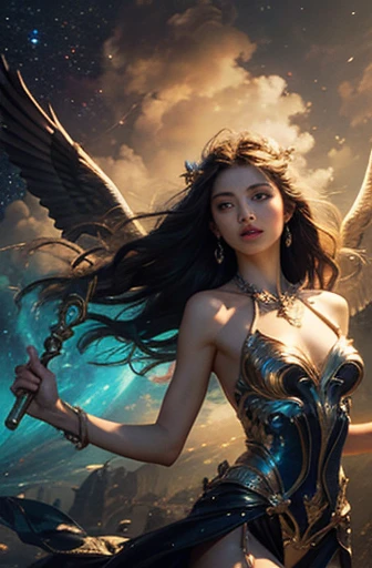 Winged Greek goddess of wrath and punishment, Nimimis, silber hair, In long Greek Toga, Cool beauty, Looks stern and ruthless, Fly with wings in the starry sky, greek myth, solemn atmosphere, Description of the Ultrra precise pointer, Photorealistic, Super detail, Masterpiece, Best quality, A high resolution, 8K,armour