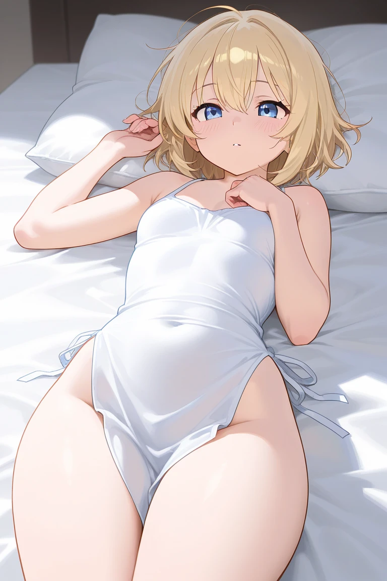 NSFW,Girl pulling up gorgeous white dress,((bared chest)) ,((Green eyes)),(Blonde short hair),Tiara on the head,Smile with open mouth,Princess,Luxurious ornaments,Pedras preciosas,Revealing clothes, ,Poor chest,Curvaceous,Exposed genite knee socks,((1man with 1woman,Having sex)), Cowgi Riding on top of a naked man,A is ted,High resolut Quality