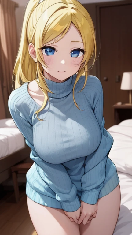 (masterpiece, high quality, highres:1),1girl,solo,breasts,simple background,false smile,standing,sweat,fog,sweater, marie rose, flustered,panicking,rushing,long hair,forced smile,half-closed eyes,plump,arms behind back,ntrgao,dark,shaded face,despair ,(blue eyes ,blonde hair), from above,