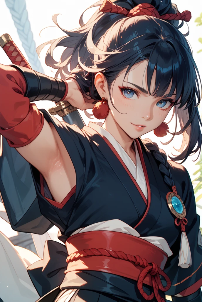 (Perfect Anatomy)、Mastepiece、Ultra High Quality、 8K、Photorealistic、masterpiece、highest quality、Ultra-high resolution、Maximum resolution、Very detailed、Professional Lighting、anime、Adult female、thin、so beautiful、samurai、Light clothing、armor、kimono、Pauldrons、Black Hair、Red Eye、High leg、Knee-high socks、Equipped with a sword、両手にEquipped with a sword、Two-Way、ponytail、Hold the sword、Action pose、Quick Movement、Swinging Down the Sword、Flowing hair,、Intense expression、Intense battle scenes