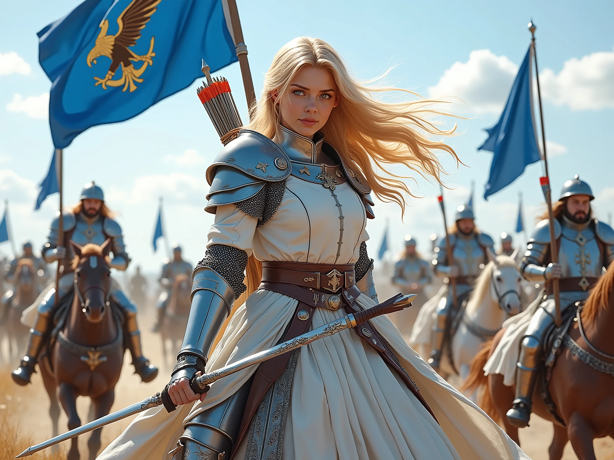 goddess germania stands on a wide field. she holds the flag of the german empire. two eagles circle in the sky. the sun rises.