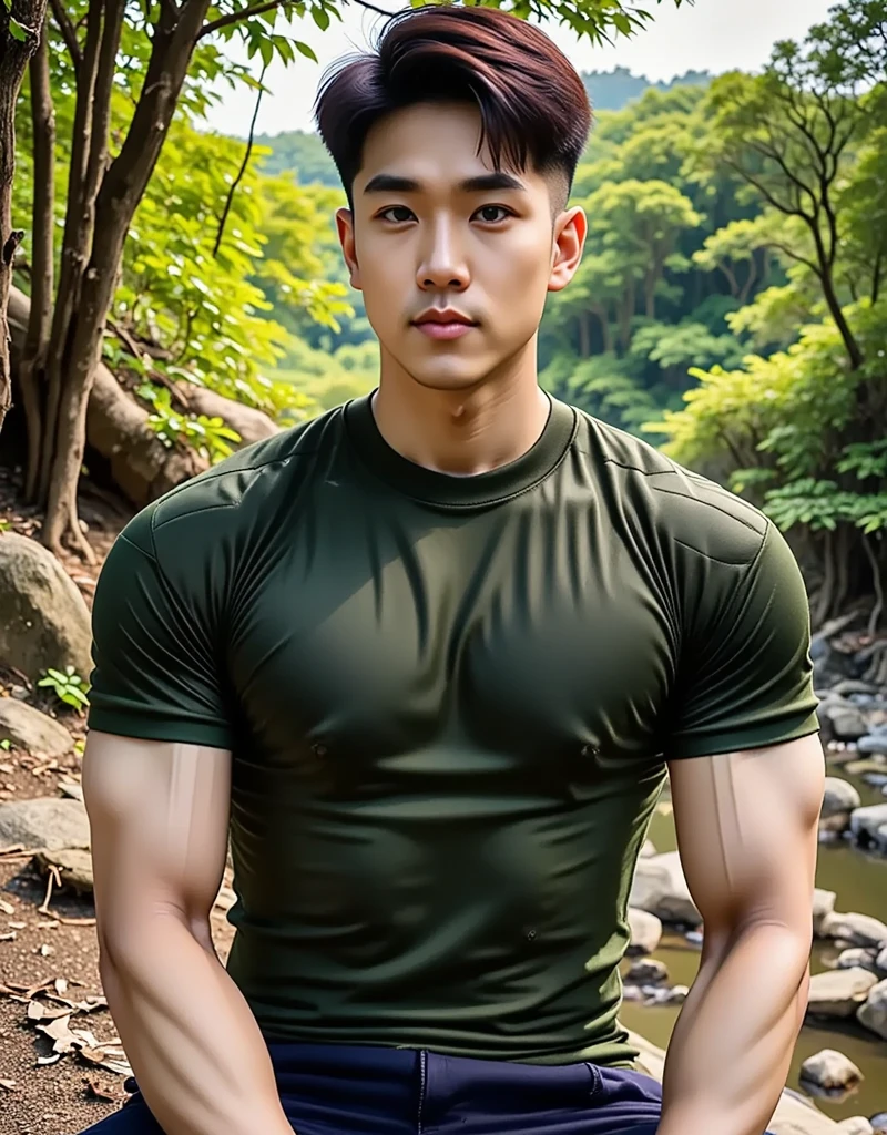 独奏 , 1 person , Portrait of a handsome Asian rugby player, short hair, no beard, muscular, big muscles, wearing a gray round neck t-shirt, wet, outdoors, rice field, countryside, hut, Thailand, Laos, Burma, Asia.