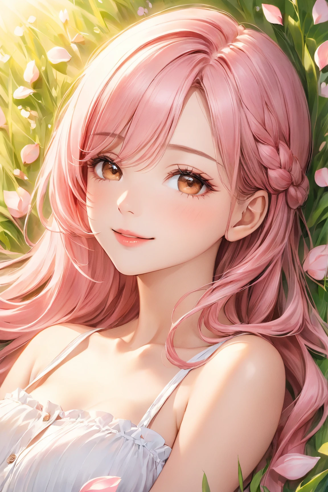 (((upper body portrait of the most beautiful girl in the world, nsfw))), navel, unbuttoned shirt, cleavage, ((cute expression)), the most unparalleled (masterpiece) ever, super realistic 8K , perfect artwork、Fresh fashion for American teens、(((Sexy))) and colorful、shockingpink、((a white miniskirt))、frilld、seductive fashion、A detailed face、face perfect、perfect eyes、high-detail, , long hair, hair flower, bangs, hahari hanazono, (green eyes:1.2), pink hair, flower