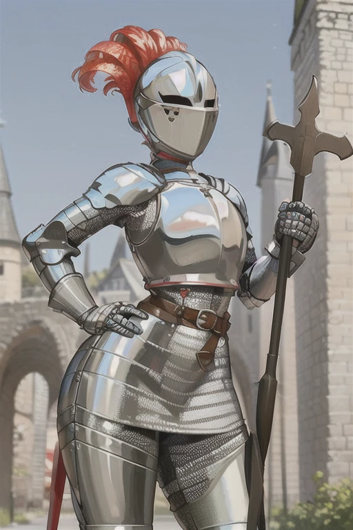 kardia, 1girl, solo, standing, armor, helmet, faceless, knight, visor \(armor\), plume, heart, breastplate, castle, medieval, thigh strap, standing, ((spear, holding spear)), hand on hip, ((hip armor, chainmail, armored dress, full armor, tabard)), facing viewer, looking at viewer