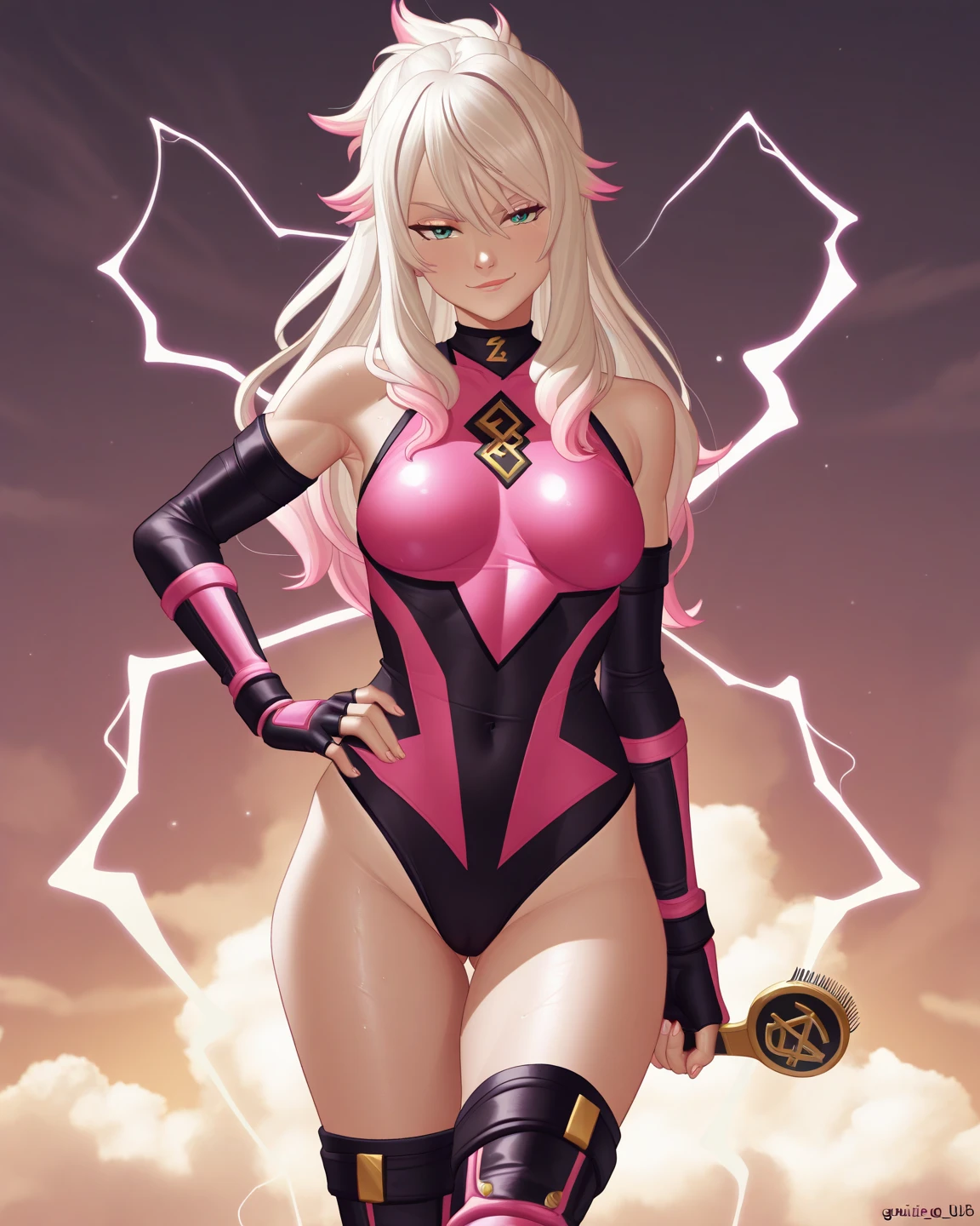 work of art), good quality, (good artist), absurderes, ultra high resolution, (extremely detaild), Good color, colorfully, Perfect light, 8K, offcial art, good humor, good anatomy, nsfw, design of character, one caracter, standing alone, 1 girl, 20 year, (perfect woman body), two arms, two-legs, two hands, two feet, whole body, beautiful  face, Body cute, ((beautiful hands)), good proportions, [thicc thighs], medium breasts, coveredNipples, breasts covered, slim tummy, long hair, pink  hair, pink eyes, (happy grin), [parted lips], woman holds her left hand on her cheek, pink swimsuit, extremely detaild swimsuit, Bare feet, beachfront, at the beachfront, Beach holigiorno, (beautiful beachfront), mulher olhando para o oceano, ocean, (lindo oceano), ocean at the left, Woman on the right, extremely detaild background, giorno, lighting sun, summer, Clear sky, beautiful sky,