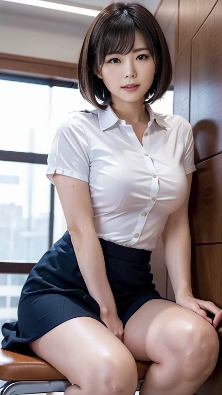 Beautiful mature 40 year old woman, beautiful face, masterpiece, HD, photorealistic, smiling, seductive, office wear, wearing office clothes, silk button blouse, pleated silk skirt, sfw, formal, physics based rendering, large breasts, silk leggings