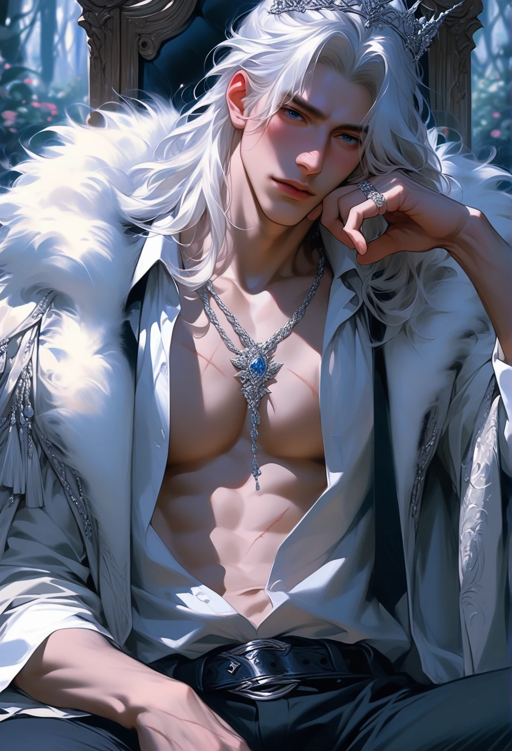 masterpiece, ultra detailed artistic photography of a beautiful guy vampire model, 1guy, perfectly drawn face, A white cloak fluttering in the wind, high heel knee high boots, leather gloves, art by alberto seveso, ink flow, 8k resolution, photorealistic, ultra-high quality, very long wavy platinum blonde hair, fashionable Victorian uniform, photoshoot set detailed background, covered navel, 32k, long hair, full lips, curvy guy, perfect anatomy, cinematic lighting, intricately detailed, complex, elegant, volumetric lighting, glitter