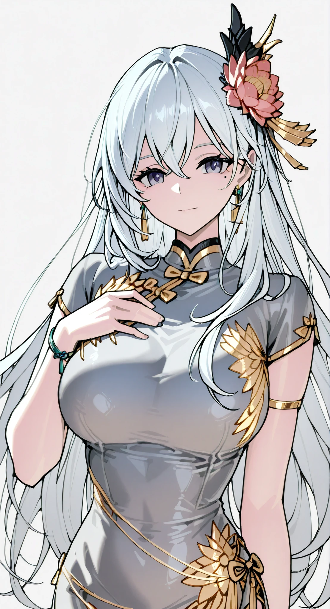 mole under eye、Armlet for left arm、bracelet for right wrist、China Dress,anime girl Picture of a woman with long white hair and a flower in her hair, gray hairの deity, Anime Goddess, gray hairの, gray hairの lady, gray hair, Zodiac knight portrait girl, Haise Jinyao, Genshin、Keking, Full Body Senxia , Female Anime Characters Who Collect Their Boob With Both Hers, Picture of a woman with long white hair, perfect gray hairの girl,Big, well-shaped breasts,thin waist,mole under eye,Long Gloves,earring