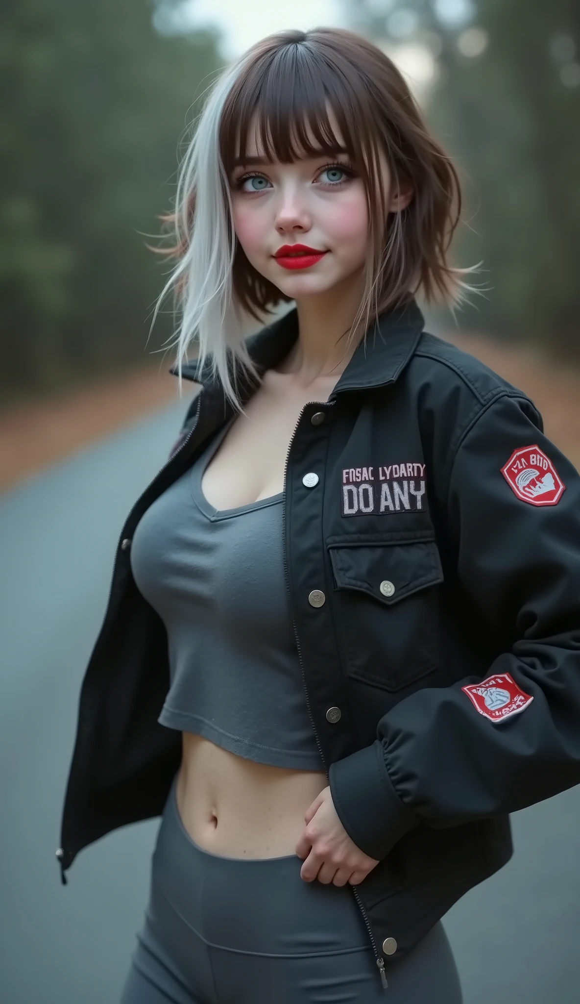 ((RAW Photo), Absurds, (Absurd Resolution)), (Masterpiece, Best Quality), ((Hyperrealism, Photorealistic)), (AI Fantasy), (masterpiece, highest quality, amazing quality), (realistic pupil, gray eyes, intense luminous), (beautiful girl, 18 years old, haiz_ai, cknc style, full body, hands on waist), (beautiful girl, 23 years old), (brown hair with white highlights), (red lips), ((gray leggings, t-shirt, jacket with patches)), (posing sideways touching her buttocks, smiling, looking at the viewer, a sensational photo), (background: Road), (Low Shot, Photographic Perspective) «SunPuma S»