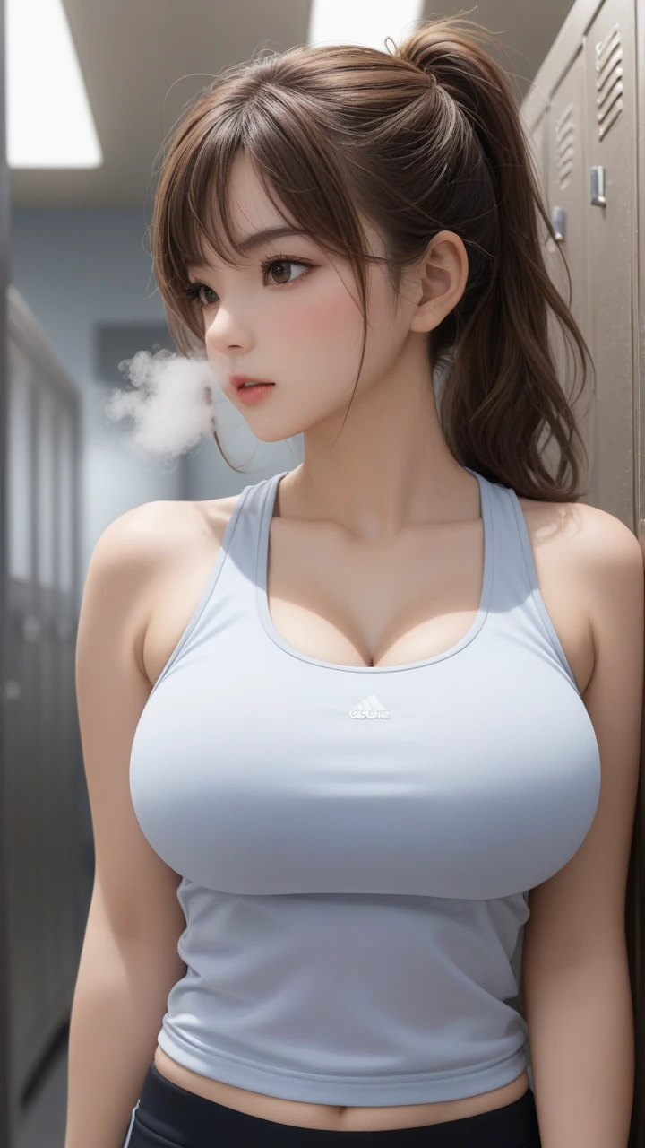 8K RAW photo, highest quality, masterpiece, Ultra High resolution, movie texture, movie, 1 girl, looking at the viewer, firm skin, Shine, natural skin texture, realistic eyes and face details, (Shiny skin :1.5), (oily skin :1.5), Slim, ((big breasts), full lips, Lip crochet, (compensate), red eyeshadow, short shaggy hair, messy hair, smile, fitness wear(shorts panties), wear white stockings, Hair: ponytail, standing on a space station(you can see the starry sky outside the window), sexy pose(I can see your panties), look into the camera with a confident expression