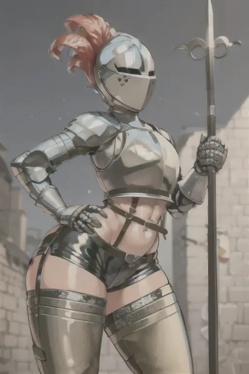 kardia, 1girl, solo, standing, armor, helmet, faceless, knight, visor \(armor\), plume, heart, breastplate, castle, medieval, thigh strap, standing, ((spear, holding spear)), hand on hip, ((hip armor, chainmail, armored dress, full armor, tabard)), facing viewer, looking at viewer