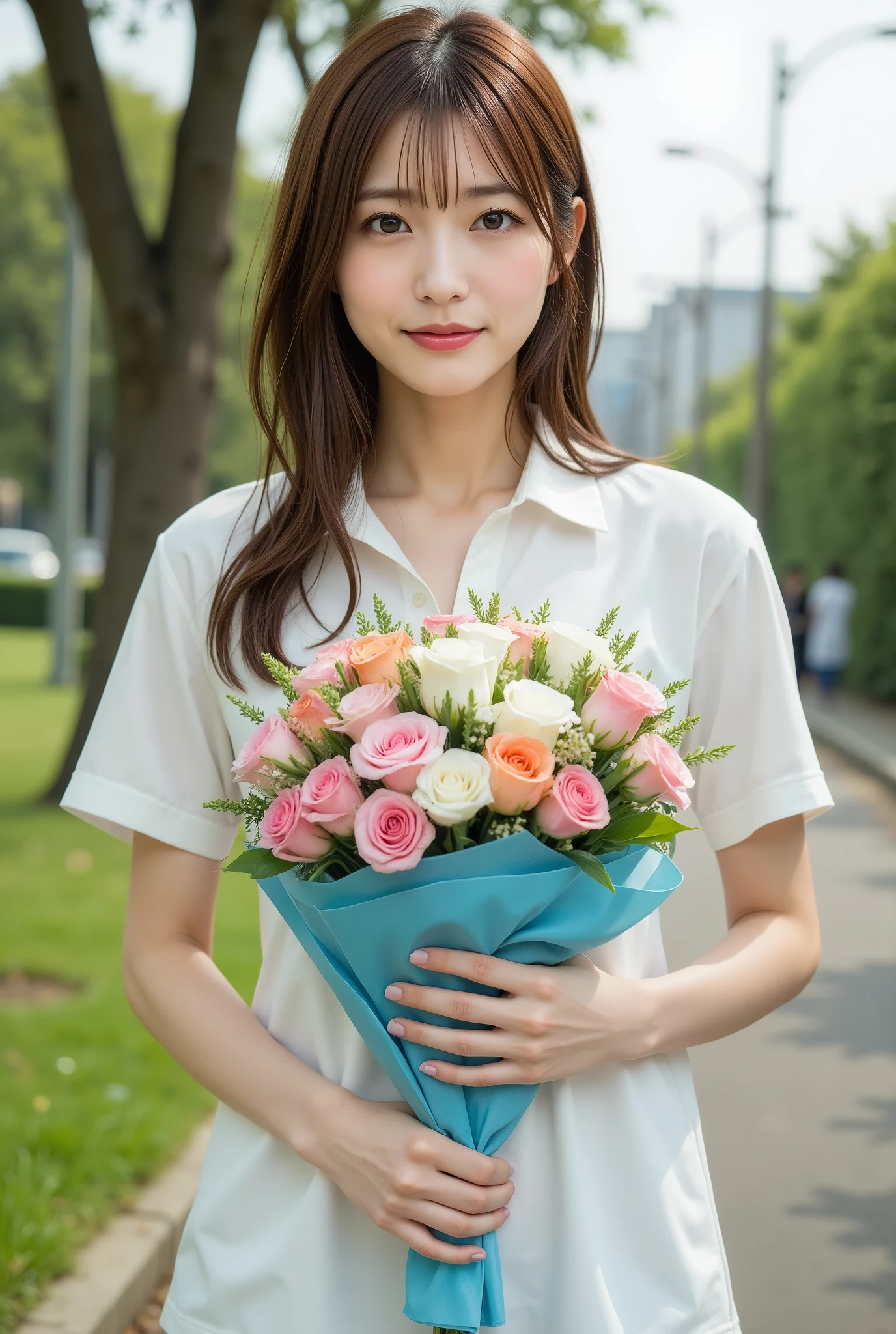 He had brown hair and glowing blue eyes.、Making the image of a cute animal lover woman。Flowers in the background