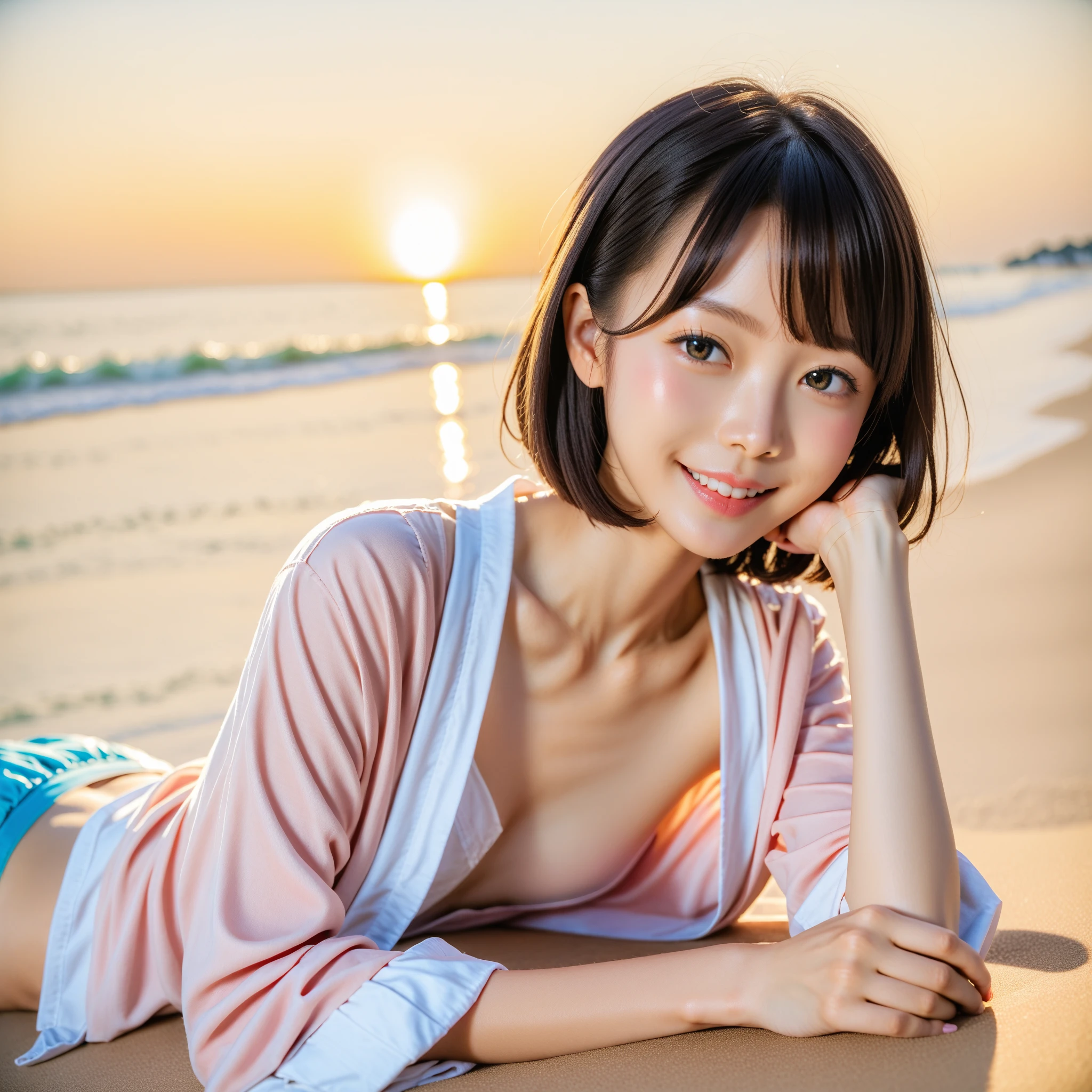 table top, highest quality, shape, Super detailed, finely, High resolution, 8k wallpaper, 完璧なダイナミックな構shape,Beautiful woman at 30 years old,sexy,Japanese、short cut hair、beach