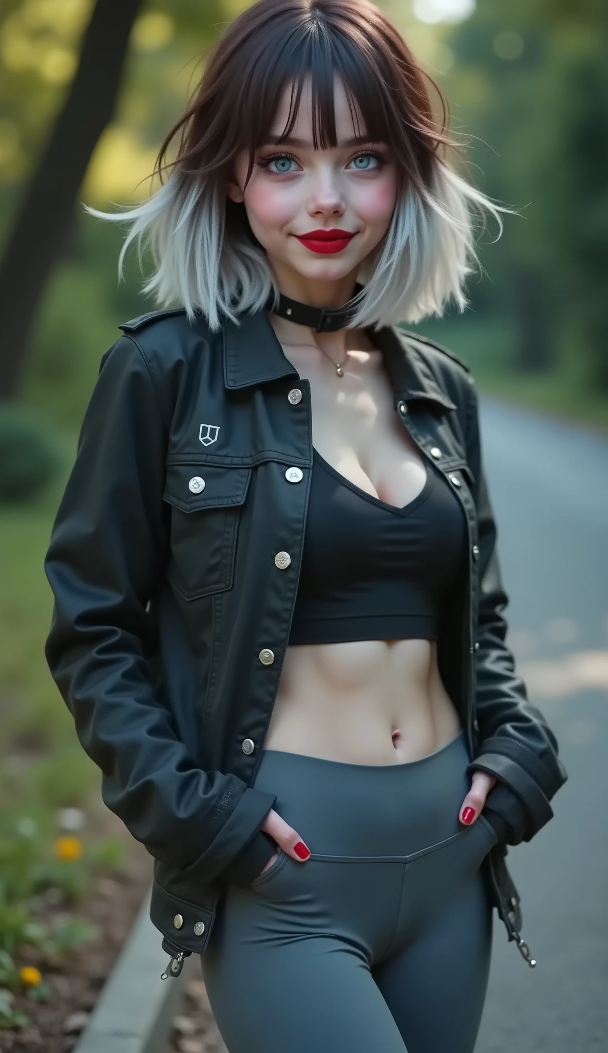 ((RAW Photo), Absurds, (Absurd Resolution)), (Masterpiece, Best Quality), ((Hyperrealism, Photorealistic)), (AI Fantasy), (masterpiece, highest quality, amazing quality), (realistic pupil, gray eyes, intense luminous), (beautiful girl, 18 years old, haiz_ai, cknc style, full body, hands on waist), (beautiful girl, 23 years old), (brown hair with white highlights), (red lips), ((gray leggings, t-shirt, jacket with patches)), (posing sideways touching her buttocks, smiling, looking at the viewer, a sensational photo), (background: Road), (Low Shot, Photographic Perspective) «SunPuma S»