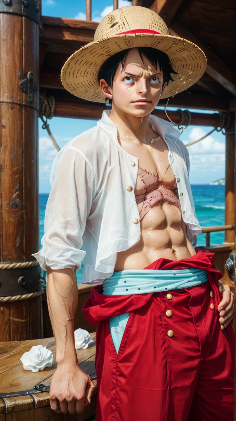 macho, corpo inteiro, can dynamic, cicatriz abaixo do olho, chest scar, ( estilo pirata pronto para luta ), Luffy tem cabelos pretos desgrenhados, round black eyes and a thin muscle build. He is renowned for his trademark straw hat, which was lent to him when he was young by the legendary pirate captain, "ruivo" Shanks,[35] que por sua vez o recebeu do Gol D. Roger. [43] Luffy usa um vermelho aberto, Long-sleeved cardigan with four buttons, com uma faixa amarela amarrada na cintura (lembrando um pouco a roupa do Gol D. Roger). Luffy also has a scar under his left eye), which he earned as a child by stabbing his face to show Shanks that he was tough enough to be a pirate. [44] Ele foi gravemente ferido por Akainu na Guerra do Cume de Marineford,[45] deixando uma grande cicatriz em seu peito. [46] (fundo praia palmeiras, dia ensolarado ), realista, detalhado, Child boy, jovem, cabelo preto liso curto, olhos pretos, olhar arrogante, olhos realistas, rosto detalhado, detailed hands, Suado, pernas detalhadas, dedos detalhados, cabelo detalhado, olhos detalhados, pele detalhada, dynamic lighting, (fotorrealista: 1.4), 8k UHD, (Hiper realista), (fotorrealista), (obra-prima), (melhor qualidade),  (( fundo praia )), corpo perfeito, chest scar, usando jaqueta vermelha, blue shorts and hat. sem pelos pubianos, raiva,
