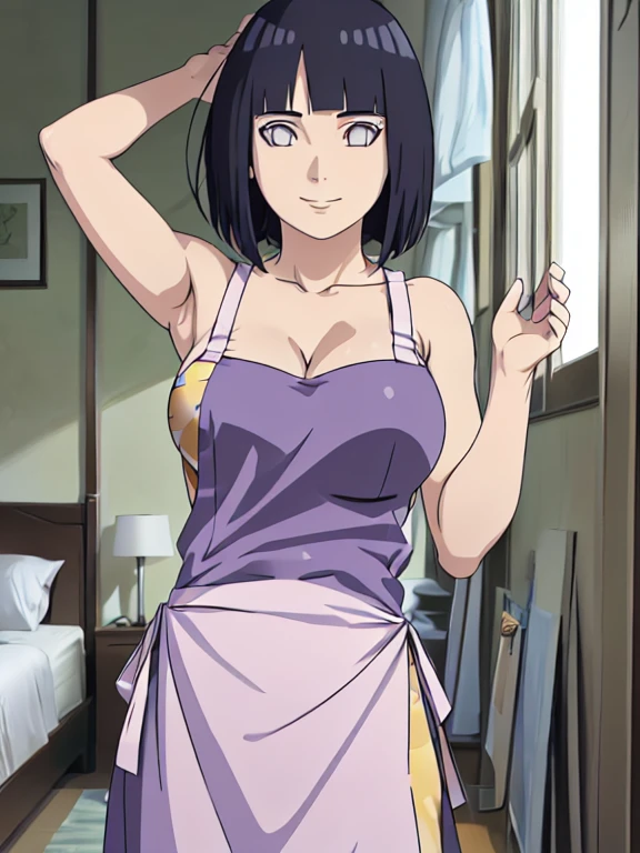 naked wearing white apron only,, ((thick arms)), , , anime style, cute , beautiful , nice body, soft body, (hinata\(boruto\), (slender body), mature woman , broad shoulders, off-shoulders, (naked wearing white apron only, bare arms, bare hands), smile, closed mouth, pale skin, , smile, (dark blue hair color:1.1), wavy hair, floating hair, ((very short hair, hime cut), big breasts, (closed fists), , (perfect eyes, white sciera, bright eyes, white eyes, anime eyes)