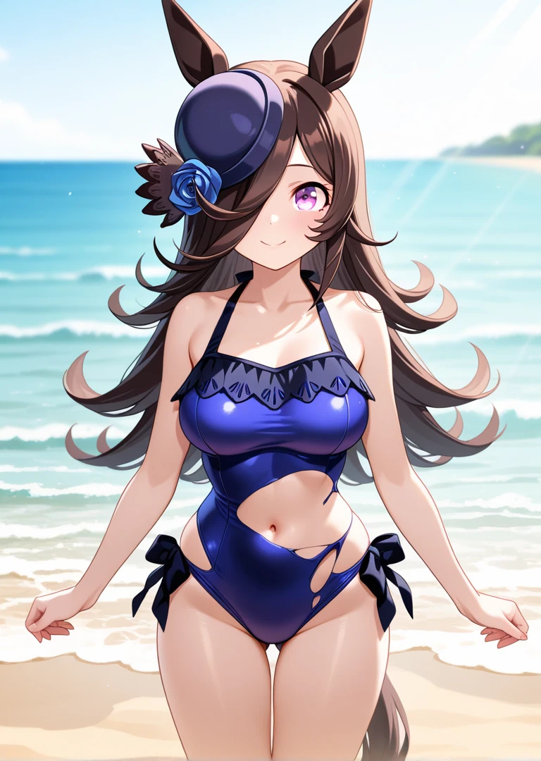 masterpiece, best quality, highres, aalisa, long hair, hair flower, green eyes, witch hat, purple headwear, hat flower, <lora:lisa_v1:0.7>, micro bikini, collarbone, beach, standing, cowboy shot, smile, waving