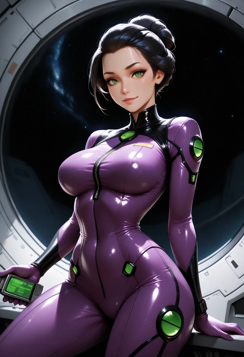 (ultra realistic,32k, masterpiece:1.2),(high detailed skin:1.1),( high quality:1.1),
<lora:jaynaWT:0.5>(pout:1.1),(eyeliner,long lashes, mascara:1.1),jayna, short hair, black hair, lips, purple eyes, pointy ears,blunt bangs, bobcut, dark skin,purple gloves, purple bodysuit, purple belt, purple boots,,(looking at viewer, standing from below:1.1),, huge breast,large breast,<lora:add_detail:0.95>,
(neon light:1.1),
