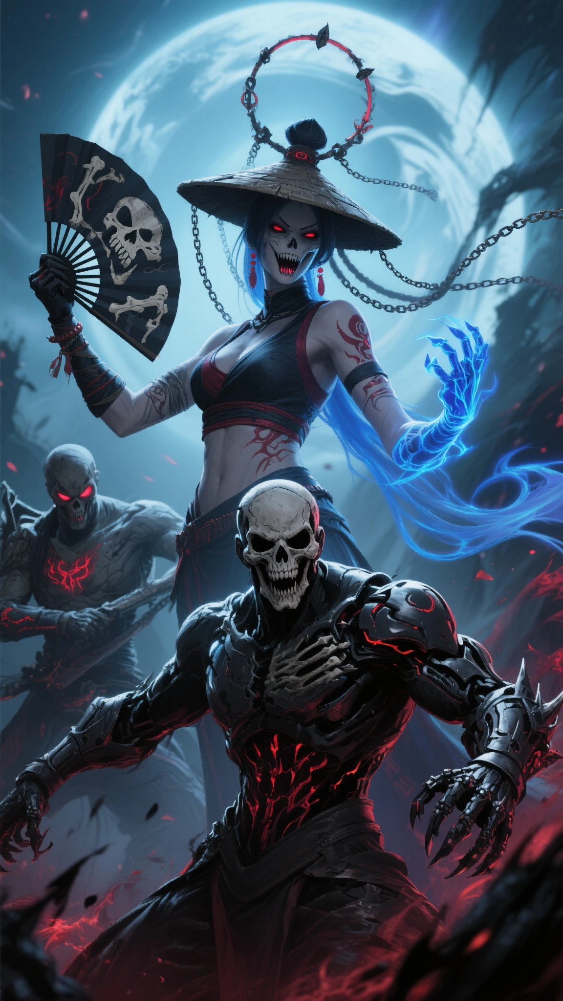 female android,Skeleton mask,katana swords,hell,magma