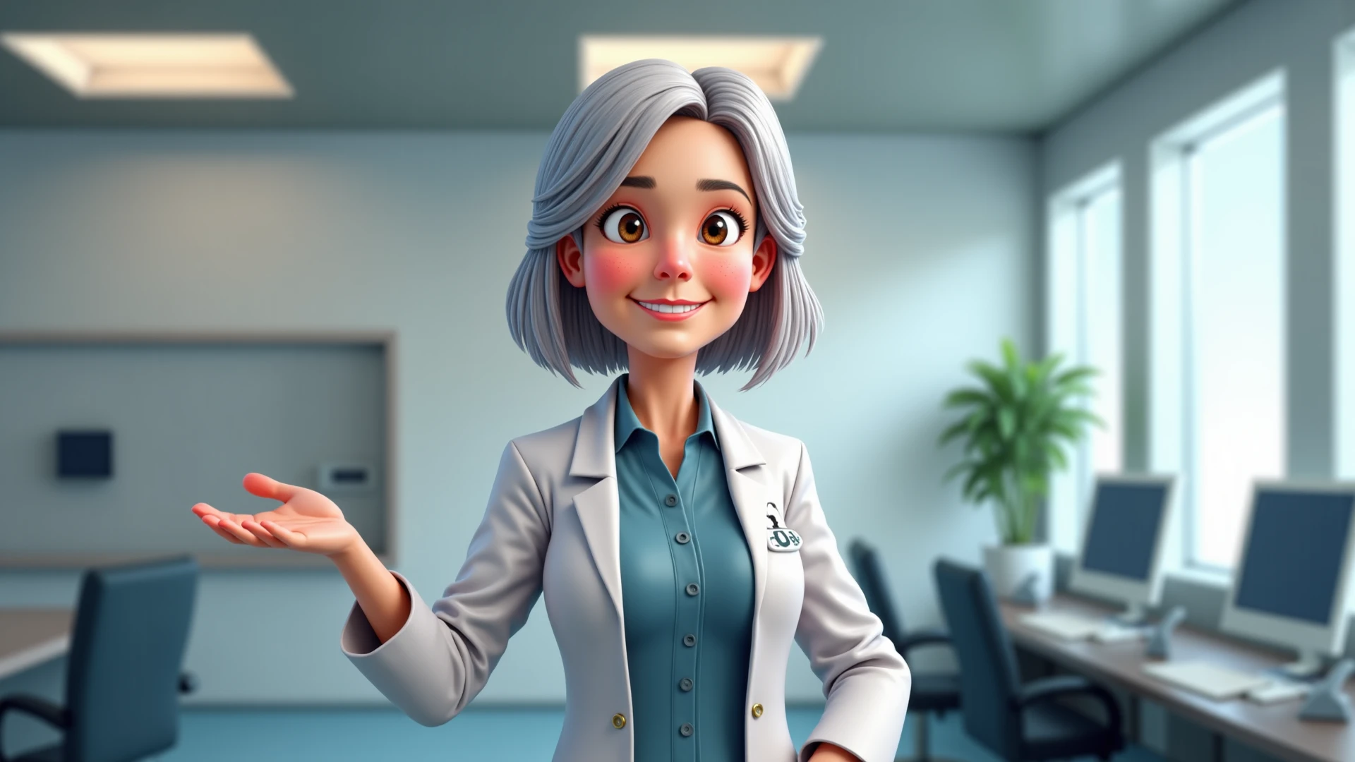 A wise woman standing in front, white background, she is a nurse and is smiling and wears a stethoscope on her shoulders