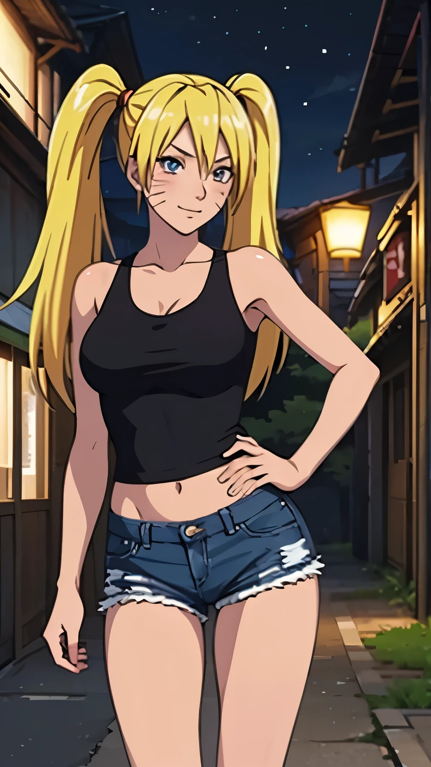 masterpiece, best quality, extremely detail 8k cg, high resolution, 1girl, mature female, SexyJusuNaruto_Naruko_ownwaifu, 1girl, blonde hair, naruko \(naruto\), twintails, long hair, facial mark, whiskers, whisker markings, blue eyes, medium breasts, hair between eyes, bangs, midriff, denim shorts, bare shoulders, collarbone, beautiful face, smirk, night time, konohavillage, outdoors, Black Shinobi Pants, panties down,, pussy juices, night time, dark sky, dark atmosphere, lighting off, lights off, standing,