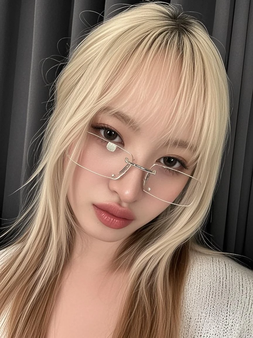 best quality, ultra high res, (photorealistic:1.4), 1woman, sleeveless white button shirt, black skirt, black choker, ((glasses)), (Kpop idol), (aegyo sal:1), (platinum blonde grey hair:1), ((puffy eyes)), looking at viewer, full body