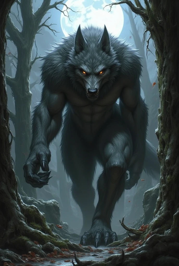 (Best Quality,4k,8k,High resolution,masterpiece:1.2),ultra detailed,(realist,photorealist,photo-realist:1.37),fancy,werewolf,ominous,Dark,evening,forest,silver moonlight,growling,sharp claws,feroz,transforming,huge,haunting eyes,Powerful muscles,rough fur,resounding,threatening,,ominous shadows,dense trees,disturbing atmosphere,mystic,creature of the evening,mythical,hunted,Wild,aggressive,stalking,hidden in the shadows,Illuminated by moonlight,bloodlust,Hidden threat,frightening,eveningmarish,untamed desert,transformed into a beast,creature of legend, squatting, salivating