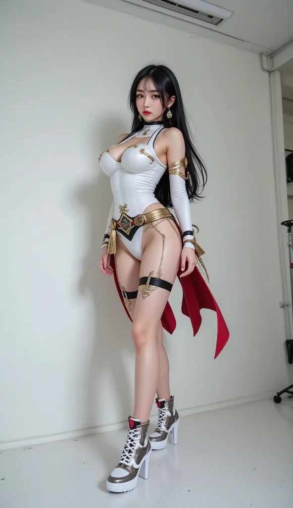 - [ ] Full body photo, photo, Sharpness, unique 850 4, Koda850 k portrait camera, F1.6 lens, ultra-realistic textures, spectacular light textures, Cinestil 800 fashion mechanics, Beautiful girl with accentuated slender abs: 1.4,Six Pack Abs: 1.4, Bust Botox,standing on tiptoe, long legs, brown hair, long hair, female warrior costume, ((wearing a torn sheer costume of a superheroine),(no no panties, no bra)),sweating,wet,wet crotch,wet thighs,(futuristic sci-fi battle fashion,elbow and knee cyberpad, cyberglove: 1.1), ((torn costume)), belly and navel visible, thin sheer costume, torn lower chest, shredded costumes, broken golden shields and battle spears,cyber long combat boots with golden knee pads, golden shoulder armor and combat gloves, anatomical, (futuristic sci-fi battle fashion, cracked elbow and knee cyberpads, torn cyberlong boots, torn cybergloves: 1.1), ((the tip is protruding, the areola protrudes, the shape of the pubic area is clearly visible))),pain,((( tears flow, cry with pain)),(wide prison with sunlight)),dark fantasy, peeling of the ceiling, broken slabs, rebar between cracks, realistic material details, extreme details, ultra-realistic materials, broken walls,blood,junkyard, blood splattered on the face, blood splattered, realistic, (bruises, dirty, ripped clothes, skimpy clothes, blood: 1.3), torn cloak, Torn pantyhose, 留, ((straddling the iron bar)),(tied perfectly by chain), restraint, slave, collars, contempt, (chained), (chains digging into the crotch)), hands tied behind the back, invisible hands, ((4 chains hung from heaven)), metallic shackles and fetters, wet crotch clearly visible, ((iron pipe into the crotch)), ((both wrists are restrained above the head)), (((left leg tied at the knee is suspended)), Five chains connect the limbs and neck, chains from the left knee to the heavens, rusted iron chains, (metal rods from the crotch stuck in the ground))), 10 chains radiating from the back, the left leg is tied and Y-shaped balance pose,