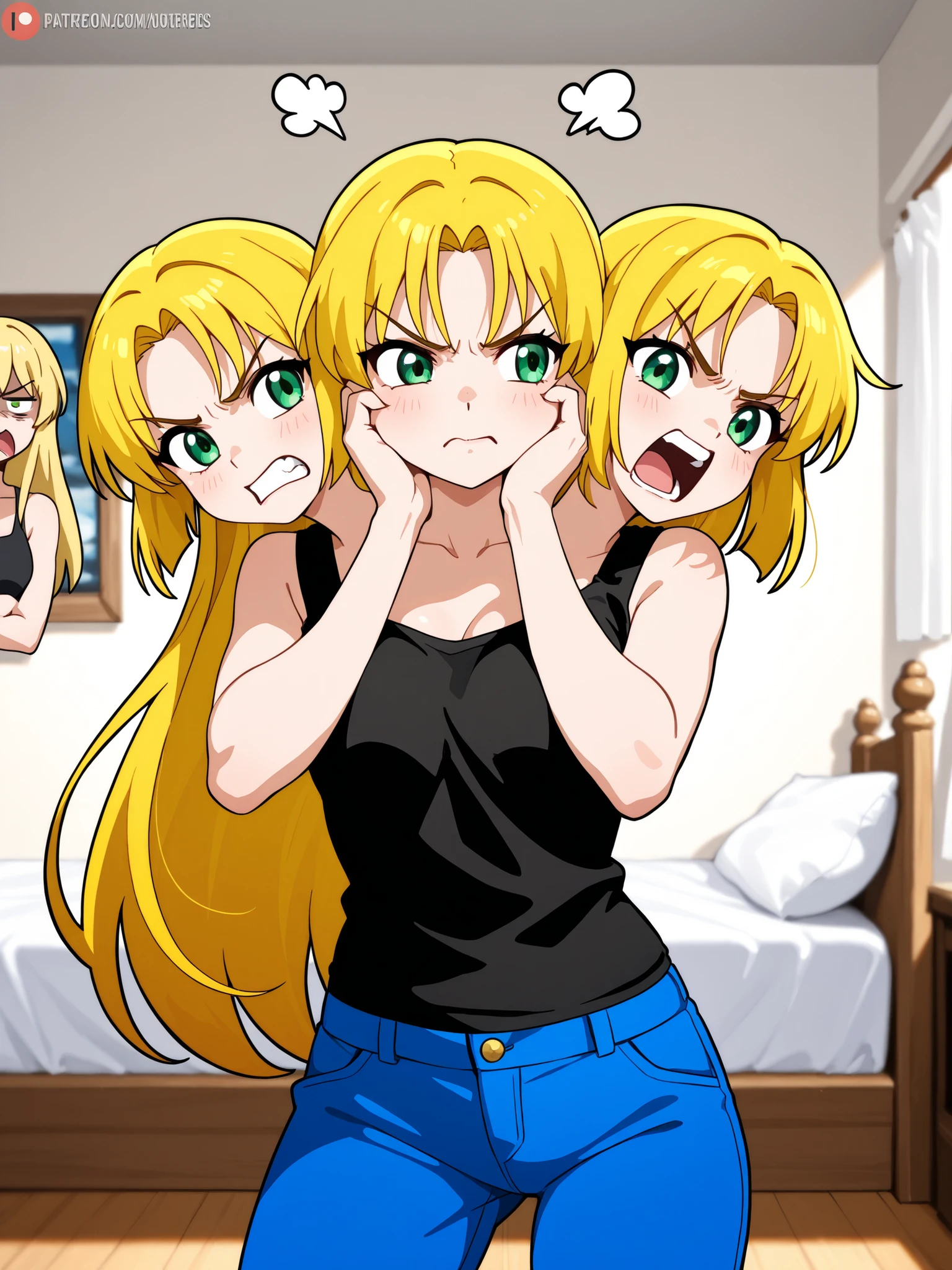 anime girl with three heads, conjoined, blonde hair, green eyes, angry, frustrated, fighting with herself, arguing, tugging in different directions, pushing against herself, hands against own cheeks, black tank top, blue pants, bedroom